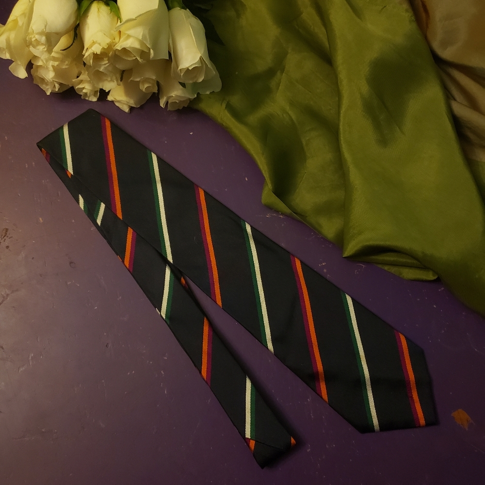 Vintage Lands End asymmetrical striped fall colors green blue orange Silk Tie